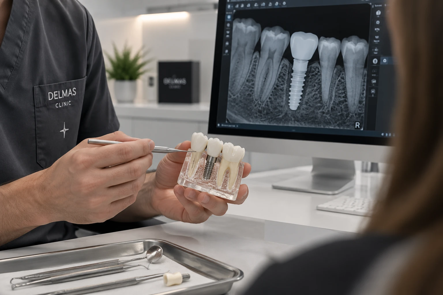 Explicación de un implante dental con un modelo y una radiografía