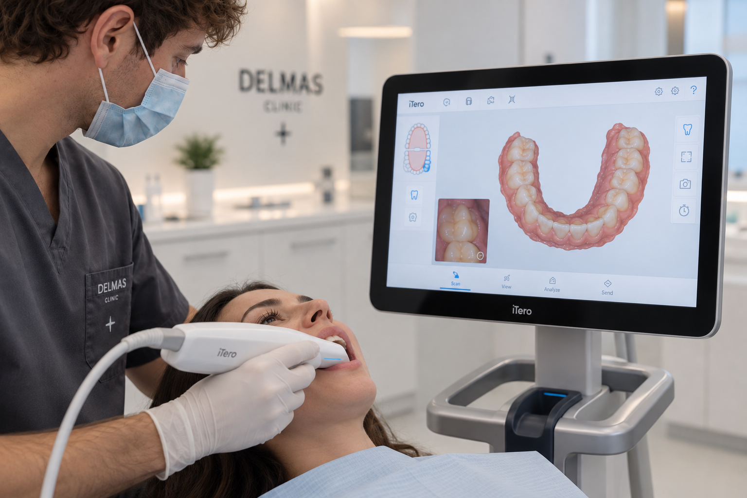 Escáner intraoral y modelo digital en pantalla