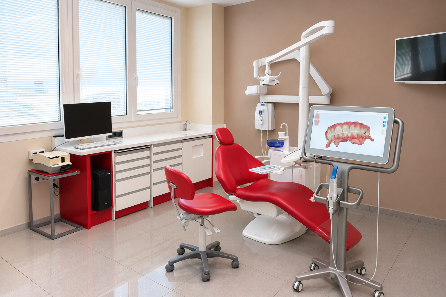 Gabinete dental con sillón rojo de DELMAS CLINIC